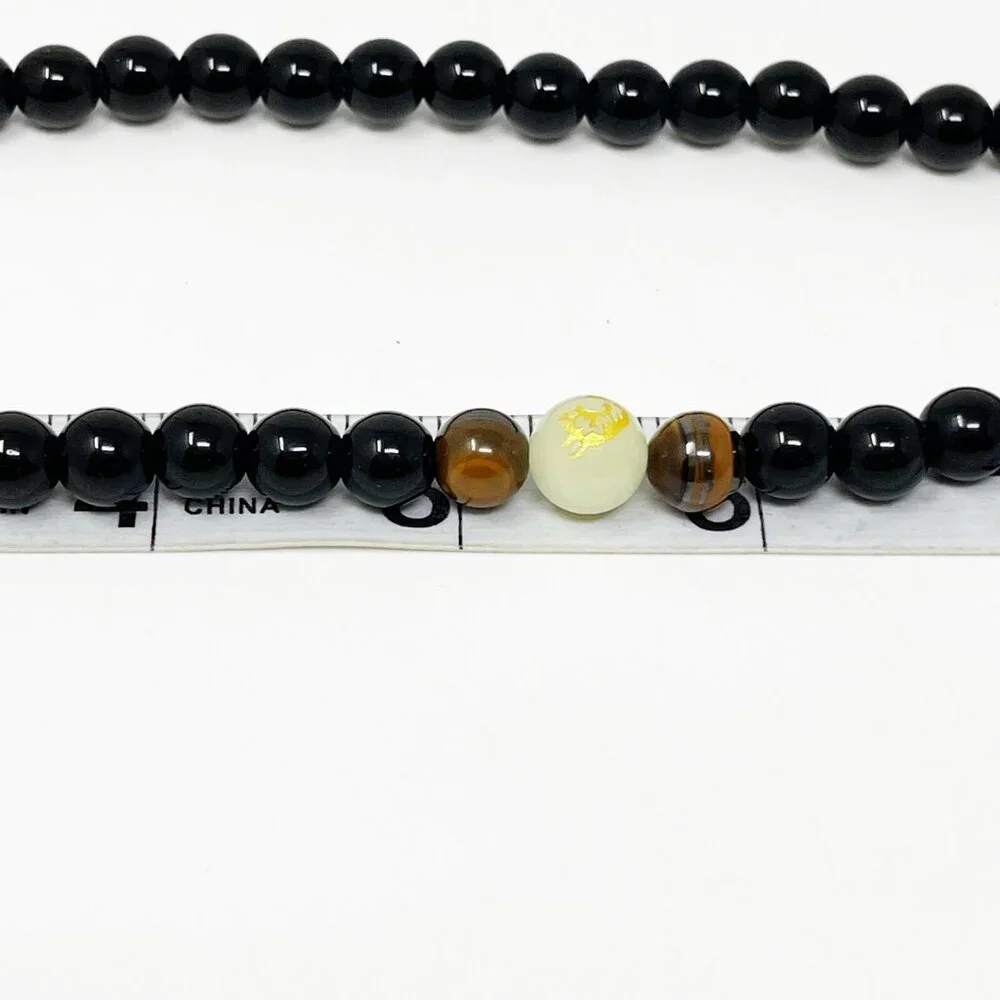 Black Beaded Mala Necklace with Tiger Eye & Gold Script Bead – 36” Prayer Beads